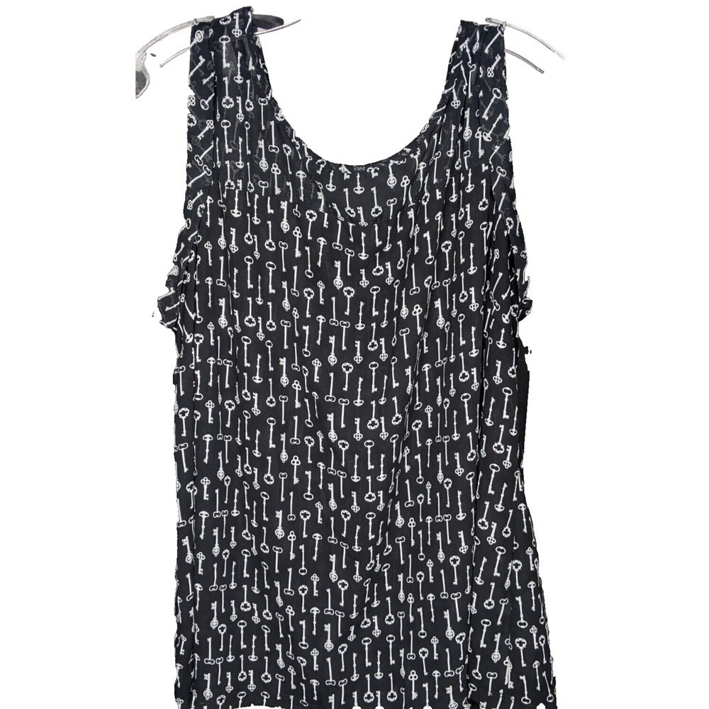 Roz & Ali Sleeveless Top 2X Black White Keys Poly Semi Sheer EUC